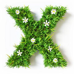 Green organic grass with tiny flowers made letter X on white clean background. Environment concept. Generative AI