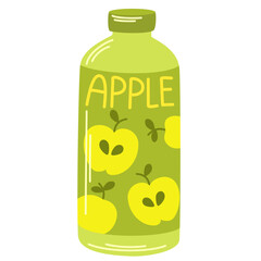 Juice drink in glass bottle. Cold fruit lemonade, summer refreshment. Fresh apple flavored beverage, sweet juicy natural cocktail. Flat vector illustration isolated