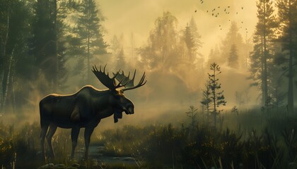 Moose in Misty Forest at Sunrise