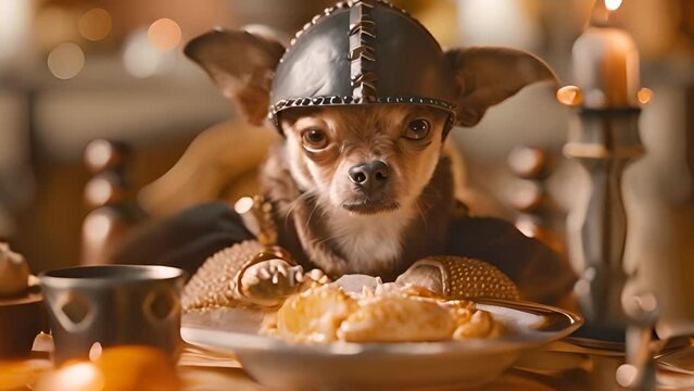 Chihuahua Dressed as Viking at Candlelit Feast with Ai generated.
