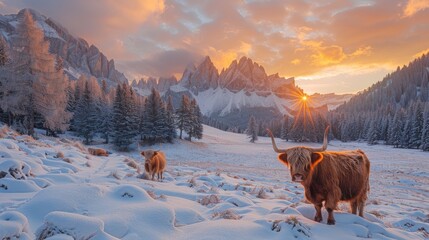 Highland cow in frosty morning dolomite mountain landscape