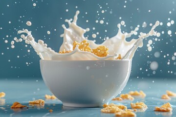 Corn flakes and splashing milk against a serene blue background