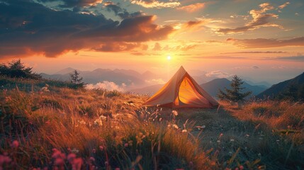 Sunset view with tent on mountain ridge