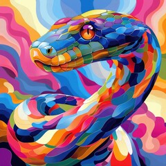 Colorful abstract snake coiled up, showcasing a plethora of hues and patterns