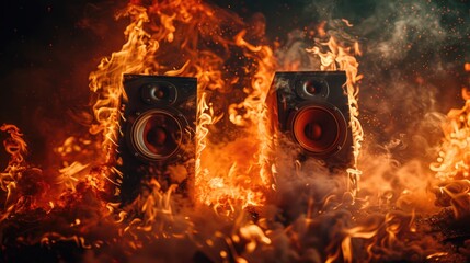 Fiery image of speakers engulfed in flames, depicting energy, power, and intense sound experience