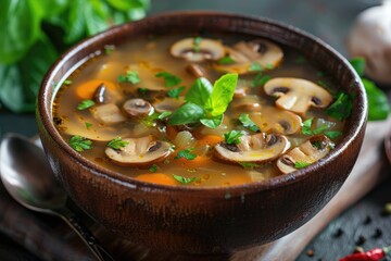 Spicy mushroom soup with in a bowl.