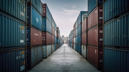 Perspective view down a corridor of towering stacks of shipping containers, symbolizing global commerce