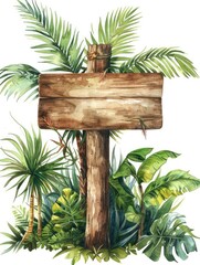 Tropical wooden signpost with greenery