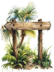 Tropical wooden signpost with greenery