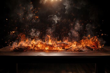 Wooden table with fire burning at the edge of the table on a dark background to display products