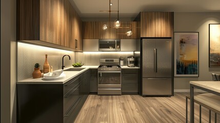 3D rendering of modern kitchen with sleek cabinets and island counter