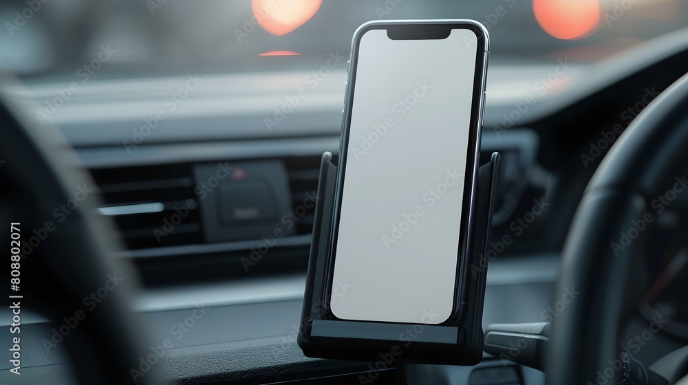 Poster smartphone mounted on car dashboard for navigation. blank screen display for app mockup. convenient 
