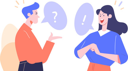 Man and woman arguing. Unhappy couple, quarrel, misunderstanding, aggressive conversation. Flat vector isolated.
