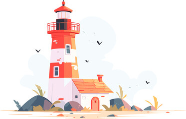 Summer bright day lighthouse. Flat vector isolated.