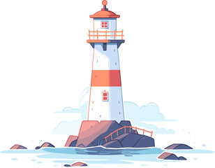 Cartoon lighthouse on rock stones island, calm ocean water. Flat vector illustration isolated.