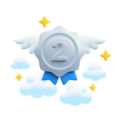 Vector cartoon 3d medal with number two, blue ribbons, wings and clouds realistic icon. Trendy flying silver round second place award, cute winner badge sign. 3d render quality badge illustration.