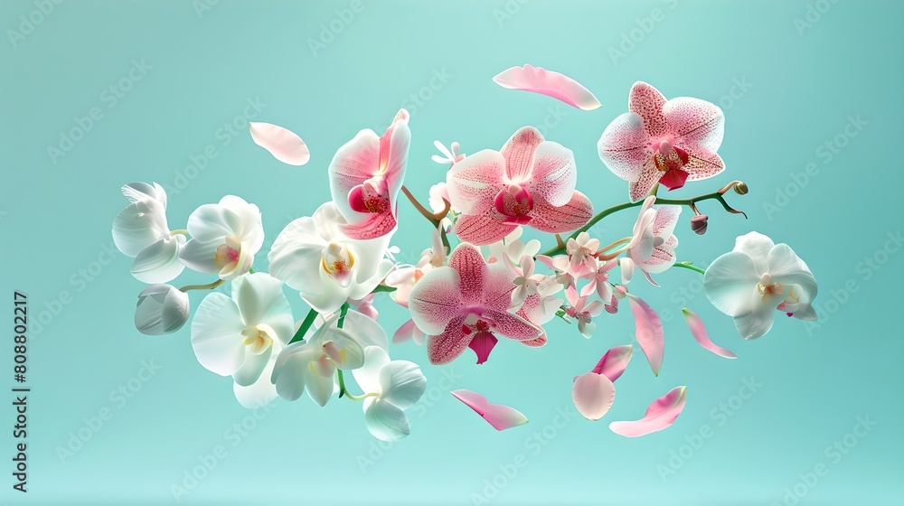 Poster elegant orchids floating mid-air on soft blue background. serene floral display ideal for relaxing i