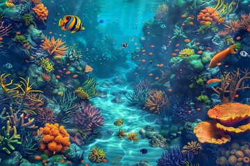 Underwater scene with coral reef and fish. Coral reef with fish