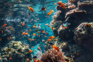 Underwater view of coral reef with tropical fish and seaweed.
