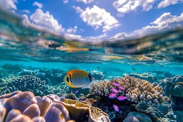 Underwater view of tropical coral reef with exotic fish swimming in blue water