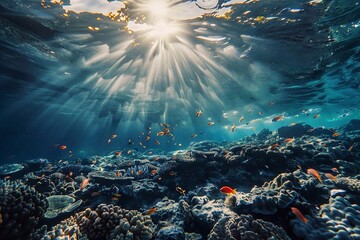 Underwater view of coral reef with tropical fish and sunbeams