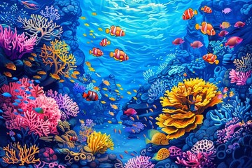Underwater world with colorful corals and tropical fish.