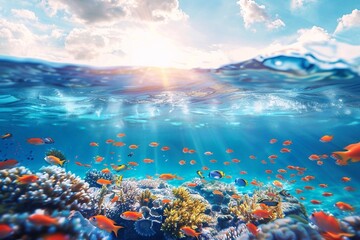Underwater view of coral reef with tropical fishes and blue sky with clouds