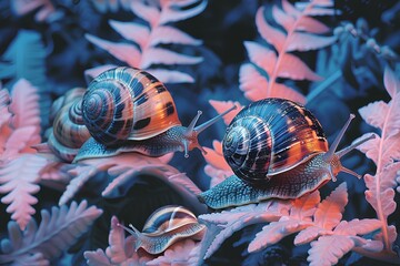 Snails on psychedelic tropical leaves.