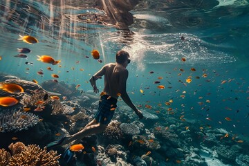 Underwater view of young man snorkeling in coral reef