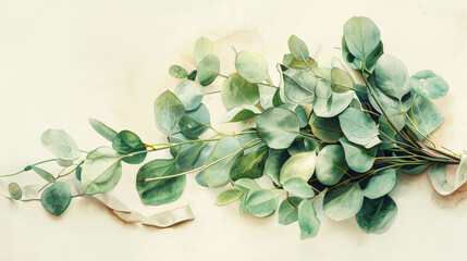 Aesthetic watercolor minimalist bouquet with eucalyptus leaves. Invitation floral template. Generative AI