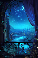 fantasy background, beautiful medieval balcony overlooking the starry sky and river, beautiful castle in the distance, medieval castle, fantasy art, digital art, beautiful sky, magic