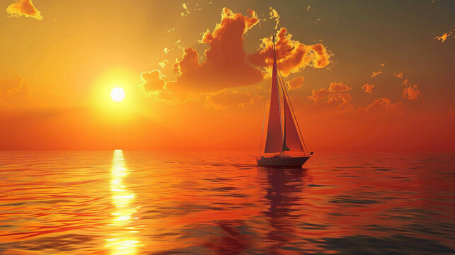 A beautifu scean of Boat which is sailing in the sea infront of sunset. Beautiful sunset wallpaper.