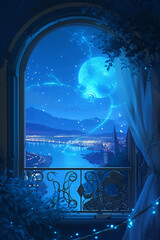 fantasy background, beautiful medieval balcony overlooking the starry sky and river, beautiful castle in the distance, medieval castle, fantasy art, digital art, beautiful sky, magic