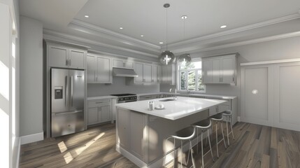 3D rendering of modern kitchen with sleek cabinets and island counter