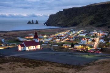 Overall view of Vik during blue hour, Iceland