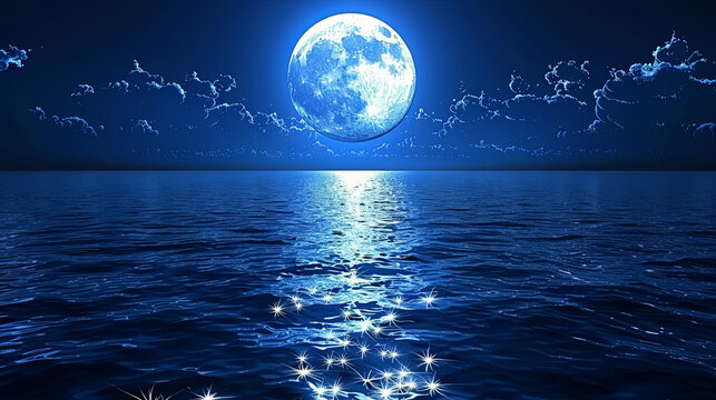 A large blue moon is reflected in the calm blue water