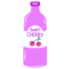 Juice drink in glass bottle. Cold fruit lemonade, summer refreshment. Fresh cherry berry flavored beverage, sweet juicy natural cocktail. Flat vector illustration isolated