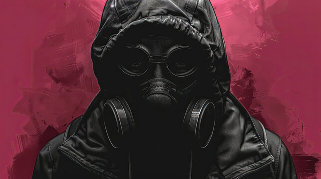A man in a black hoodie with a gas mask on his face