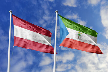 3d illustration. Austria and Equatorial Guinea Flag waving in sky. High detailed waving flag. 3D...