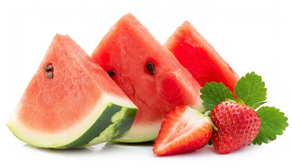Wassermelonenstücke mit Erdbeeren isoliert auf weißen Hintergrund, Freisteller 