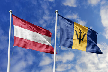 3d illustration. Austria and Barbados Flag waving in sky. High detailed waving flag. 3D render. Waving in sky. Flags fluttered in the cloudy sky.