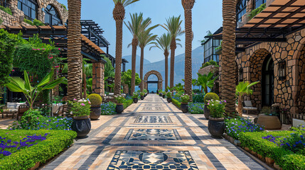 A long walkway with palm trees and flowers leading to a building