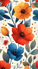 Floral design with red, yellow and blue flowers on a white background.