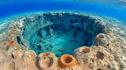 A large hole in the ground with a blue ocean in the background