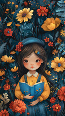 Girl with a book on a floral background.