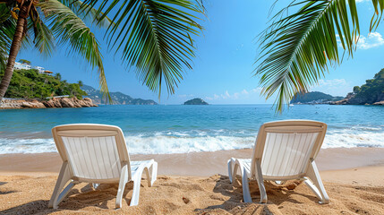Two white beach chairs are set up on the beach, facing the ocean