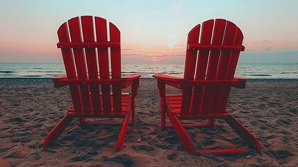Two red beach chairs are facing the ocean