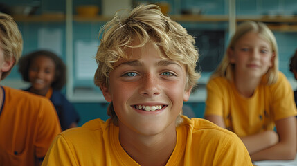 A boy with blonde hair and blue eyes is smiling at the camera