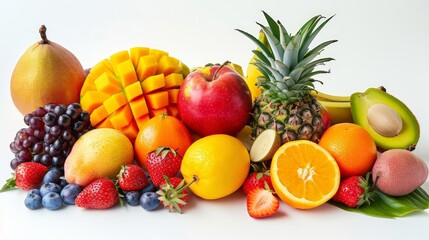 assorted tropical fruits including oranges, bananas, kiwis, pineapples, and strawberries, arranged on a white surface with a green leaf in the background