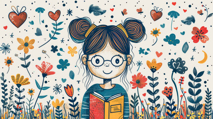 Drawn cute illustration with a girl with book and flowers on a white background.